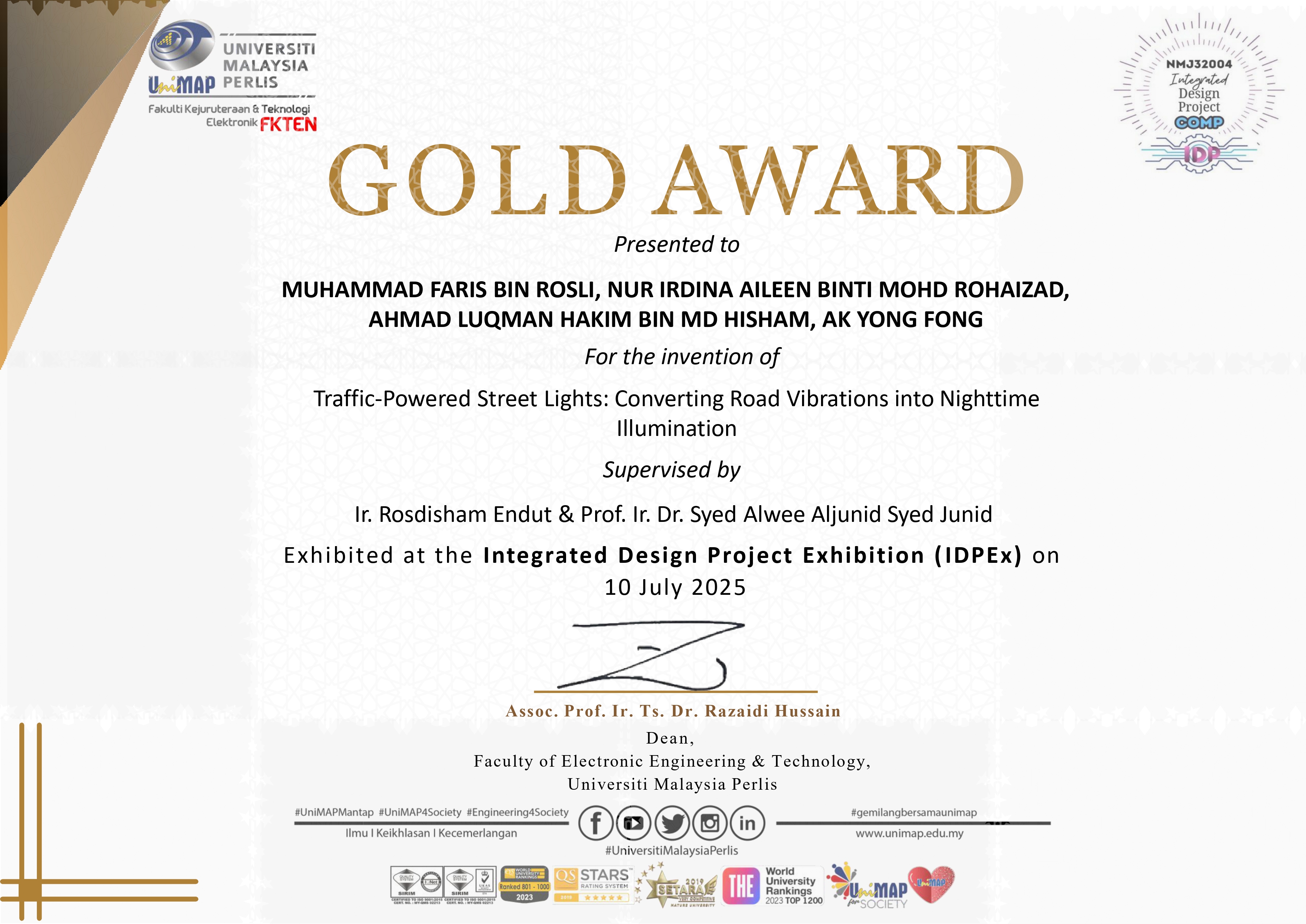 IDPEx Gold Award certificate