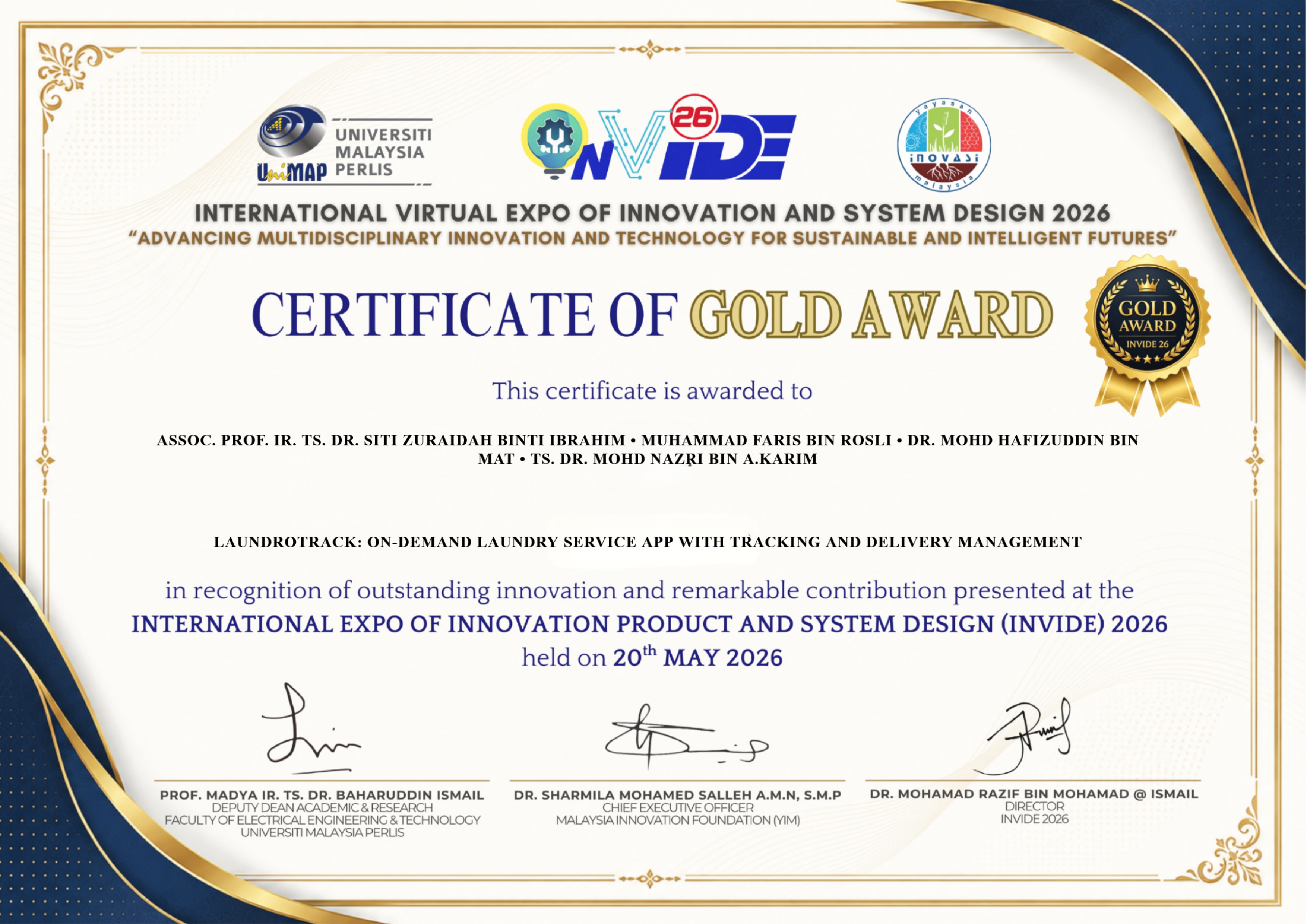 INVIDE Gold Award certificate