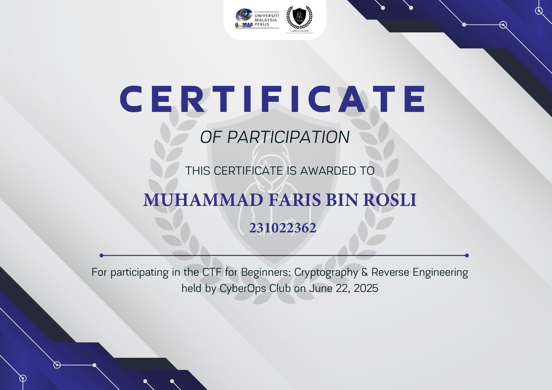 CyberOps Club Cryptography and Reverse Engineering CTF certificate