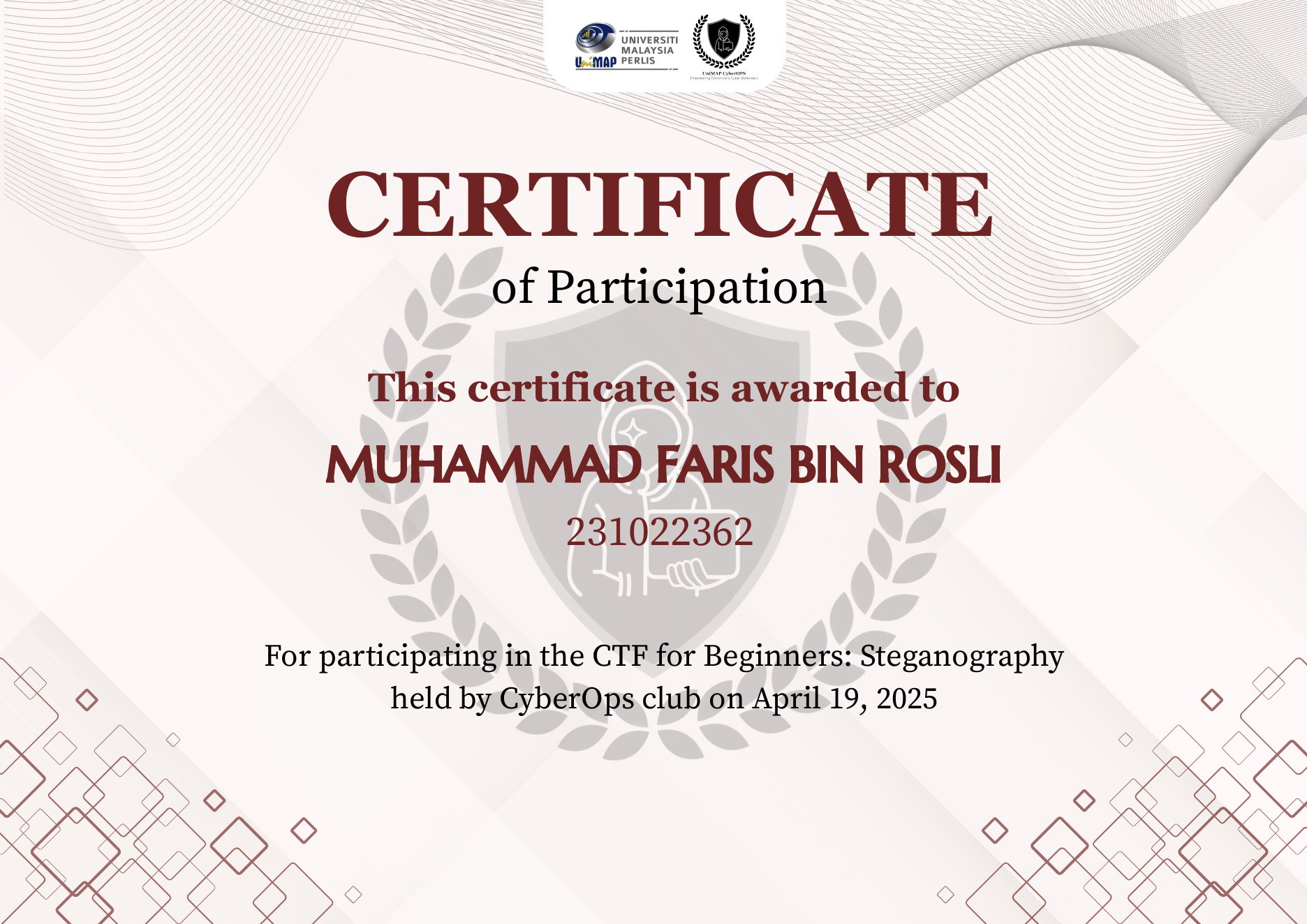 CyberOps Club Steganography CTF certificate