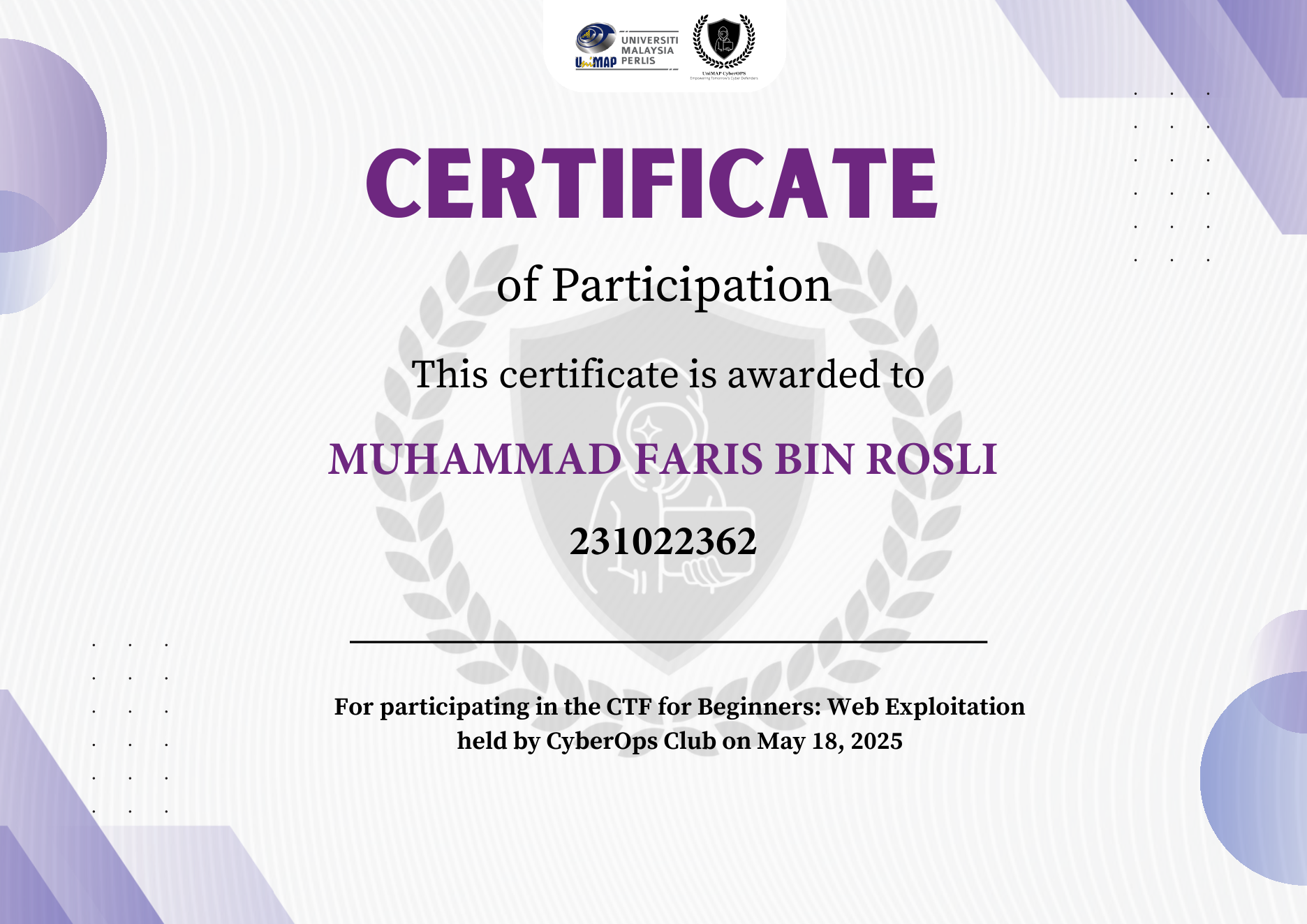 CyberOps Club Web Exploitation CTF certificate