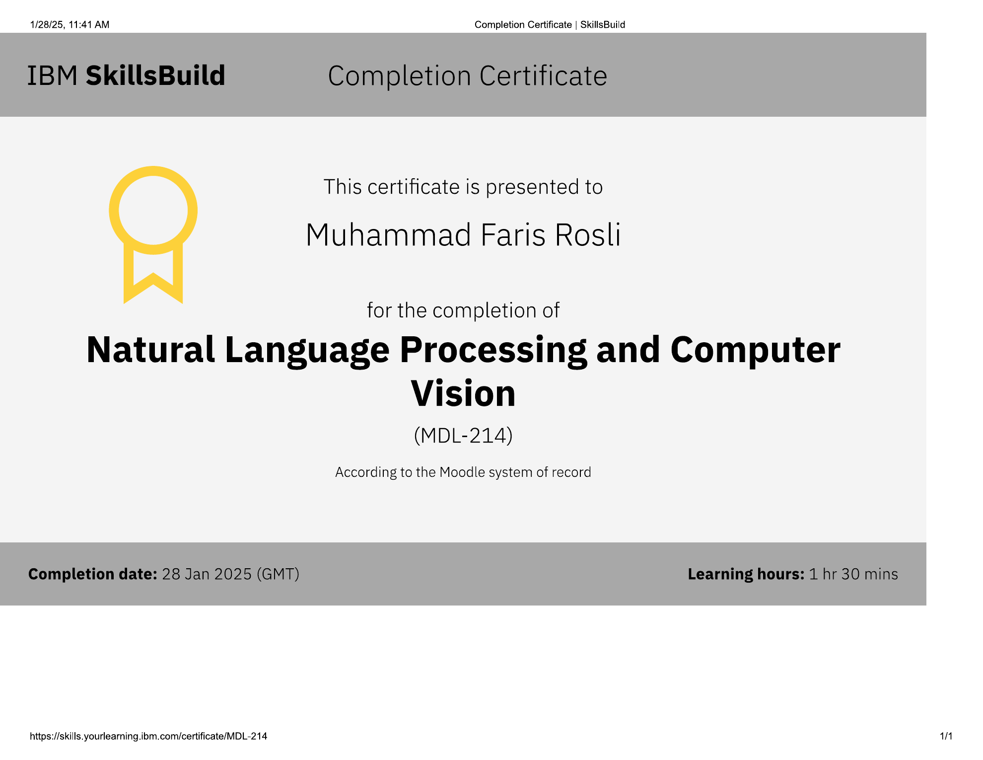 IBM SkillsBuild Natural Language Processing and Computer Vision certificate