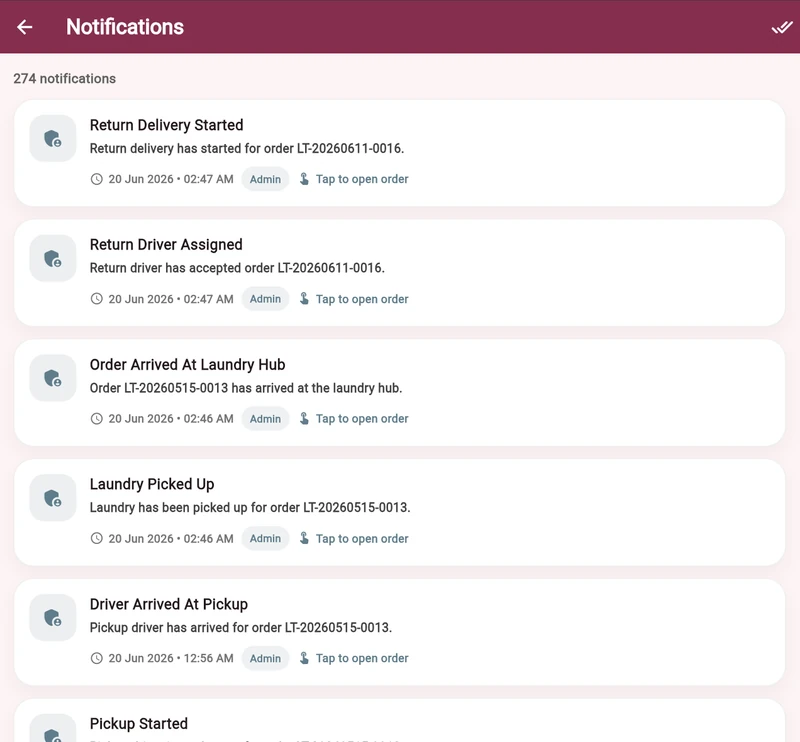 LaundrOTrack customer notifications for order and delivery progress