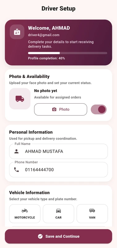 LaundrOTrack driver profile and availability setup