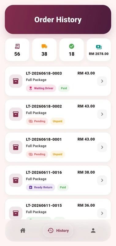 LaundrOTrack customer order history screen