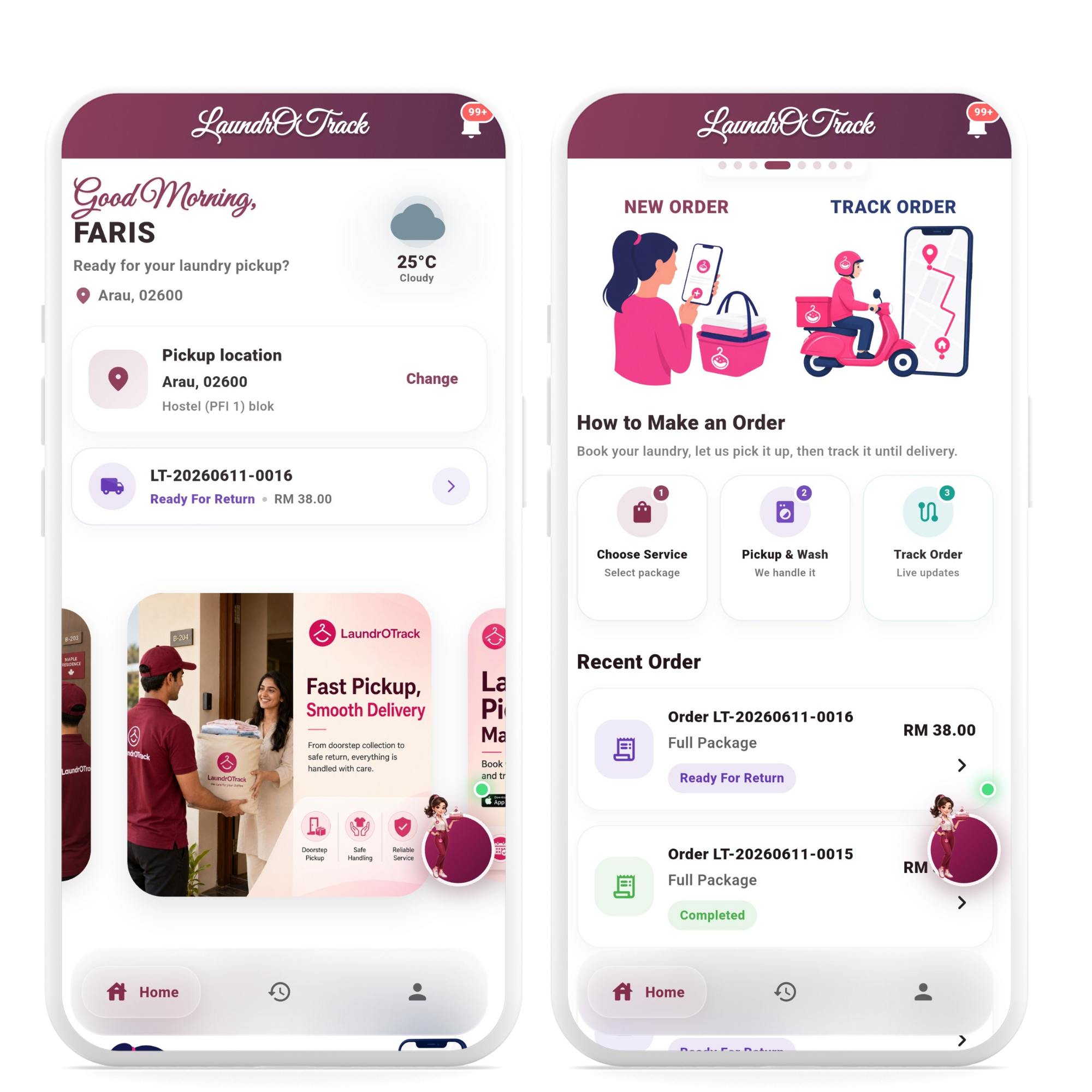 LaundrOTrack customer application home dashboard