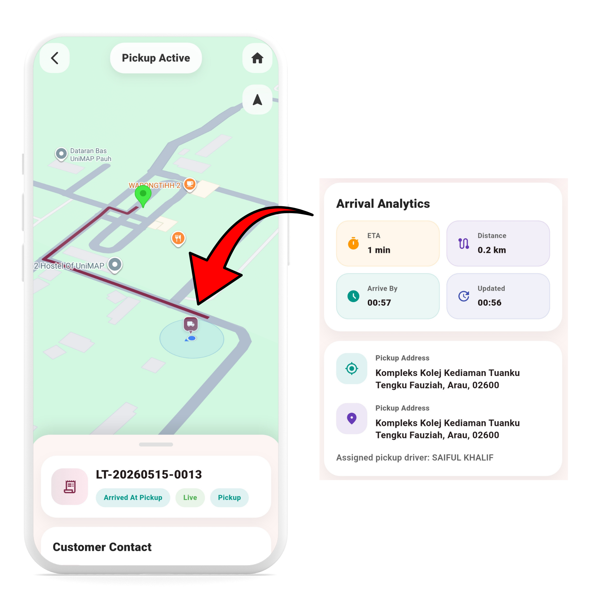 LaundrOTrack route navigation and ETA display