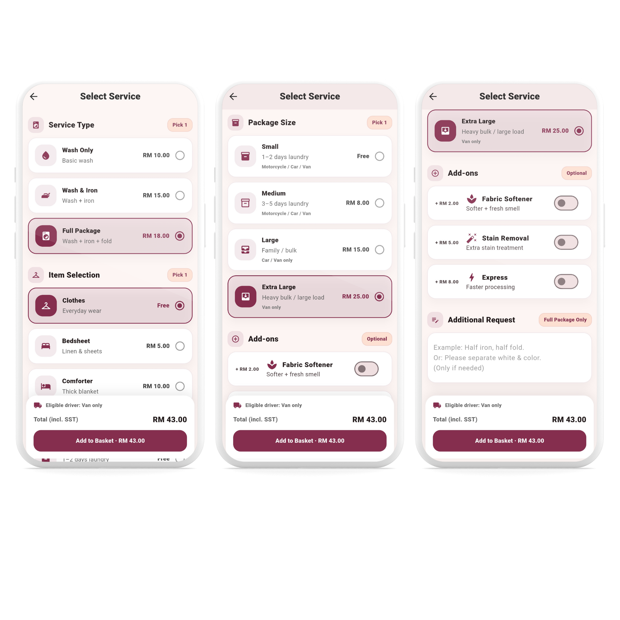 LaundrOTrack laundry service selection interface