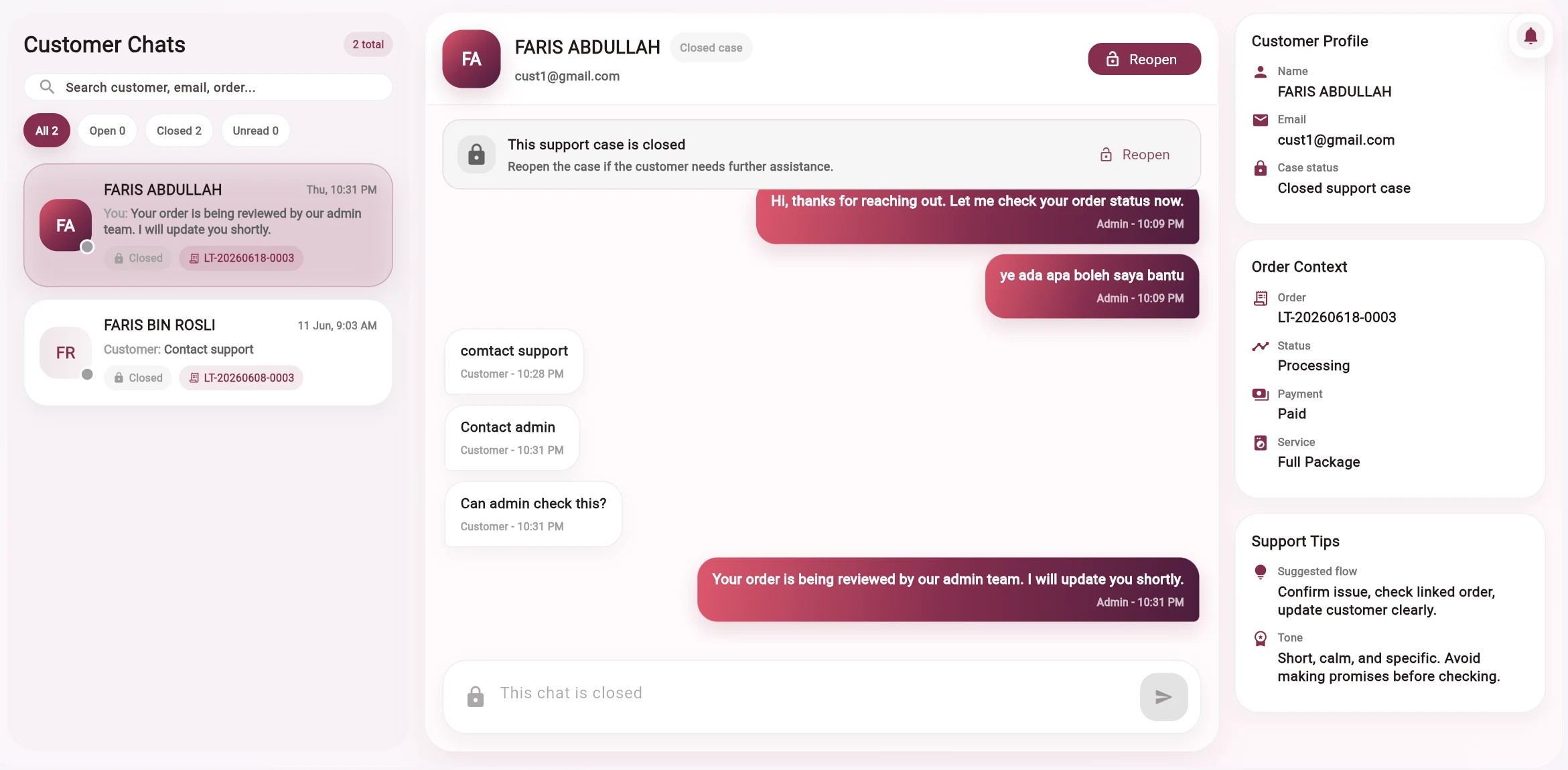 LaundrOTrack administrator customer support chat interface